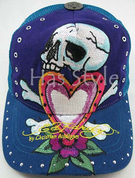 Ed Hardy trucker Cap PurpleTeal Skull & LOVE Gem Stud  