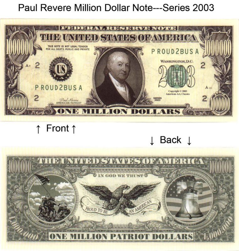 Paul Revere One Million Patriot Dollar Notes Lot of 100  