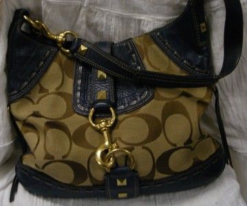 COACH HANDBAG BRN SIGNATURE SOFT DUFFLE SHOULDER BAG BLUE LEATHER TRIM 