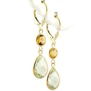 50CT GREEN AMETHYST & YELLOW CITRINE DANGLE EARRINGS 14K YELLOW GOLD 