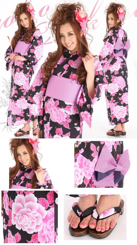 Y7 WOMENS YUKATA KIMONO SET JAPANESE Pre tied OBI NWT  