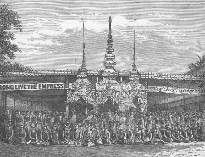 BURMA Pavilion & Co of performers, Moulmein, print, 1877  