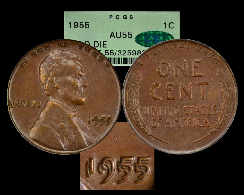 1955 LINCOLN CENT ~ PCGS AU 55 OGH DOUBLE DIE ERROR  