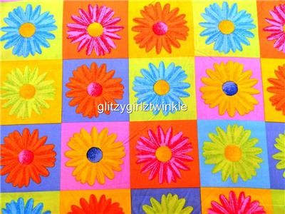   Daisy Fabric BTY Floral Flowers Blue Green Orange Yellow Bright  