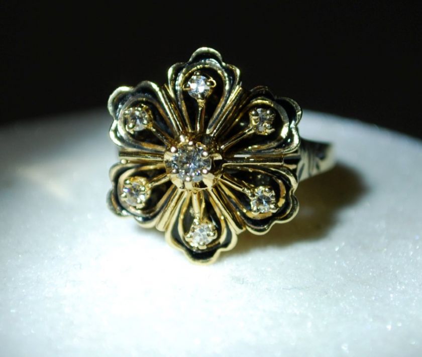 TRUBRITE 14KT YELLOW GOLD DIAMOND FLOWER COCKTAIL RING ESTATE FIND 