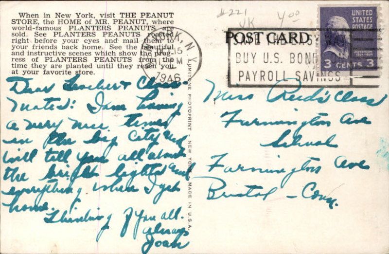 NEW YORK CITY Planters Peanut Store Old Postcard  