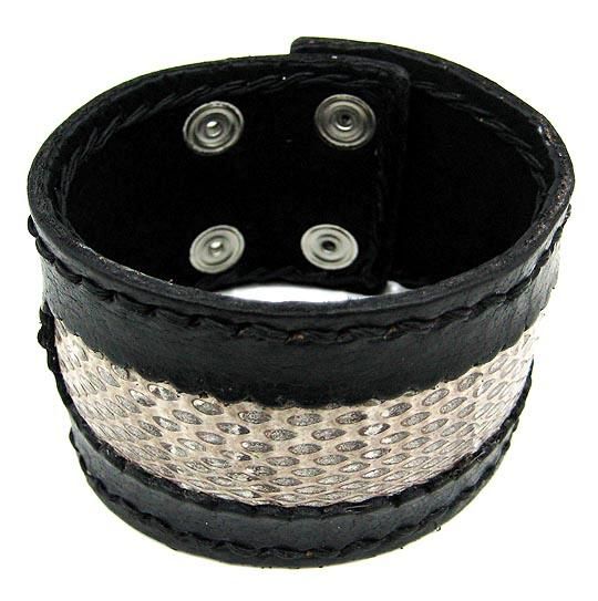 Black Leather & Rattlesnake Wristband Wrist Band  