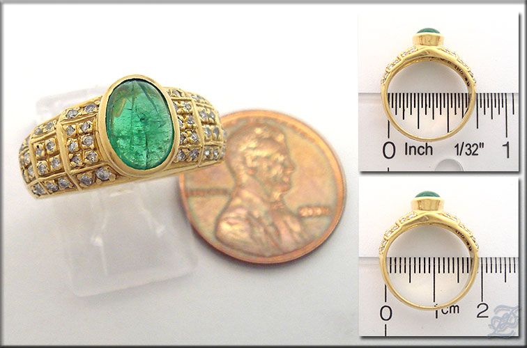 v3440   18K SOLID GOLD RING CABOCHON EMERALD & DIAMOND  