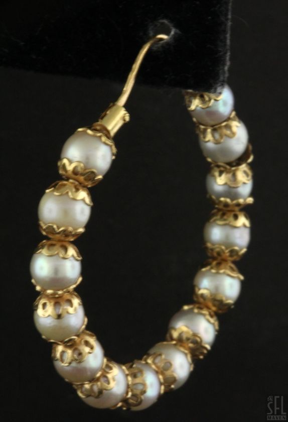 VINTAGE 18K GOLD ELEGANT 5.3mm PEARL HOOP EARRINGS  