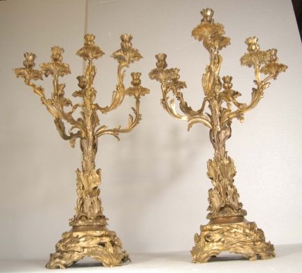 PAIR ITALIAN ROCOCO ORMOLU BRONZE CANDELABRAS  