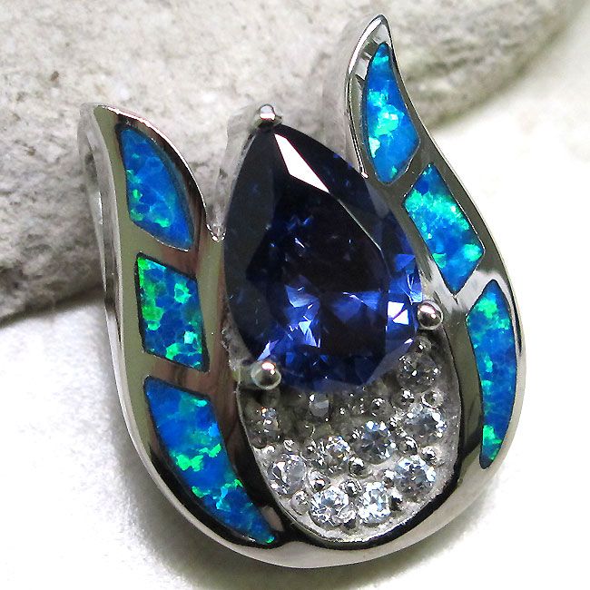 LOVELY BLUE OPAL TANZANITE 925 STERLING SILVER PENDANT  