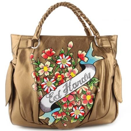 Ed Hardy Eva Flowers N/S Tote   Bronze  