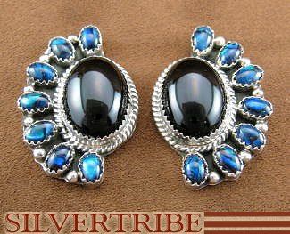 Navajo Jewelry Onyx & Blue Paua Shell Post Earrings  