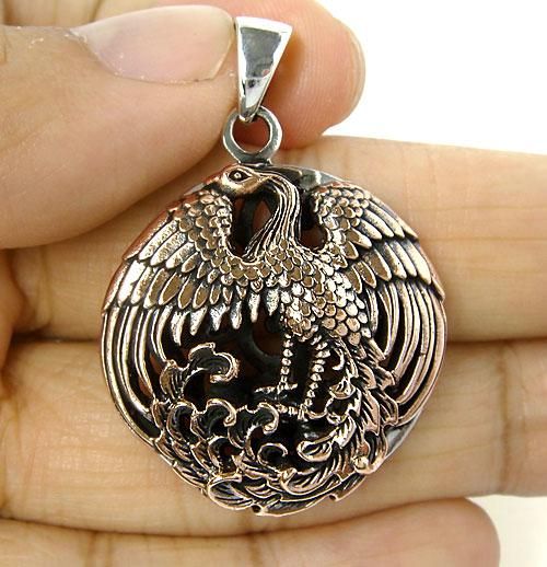 JAPANESE PHOENIX BIRD COPPER STERLING SILVER PENDANT  