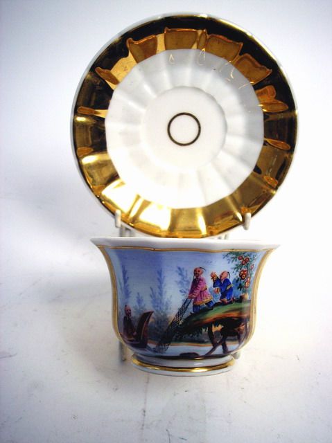 CUP WITH SAUCER PICTURE PAINTING GILDED THURINGIA GERMANY 1850