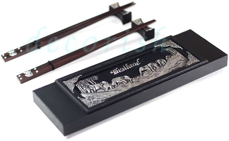 Black Wood CHOPSTICKS Box Gift Set Elephants Nickel New  