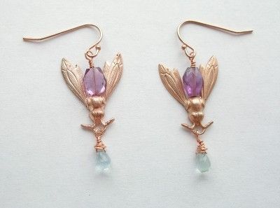   Rose Gold Vermeil Vintage French Bee Wasp Amethyst Aquamarine Earrings