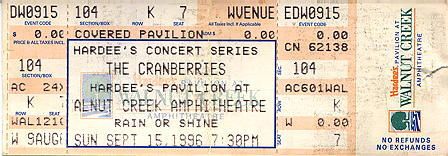 CRANBERRIES 1996 TOUR WALNUT CREEK UNUSED TICKET  