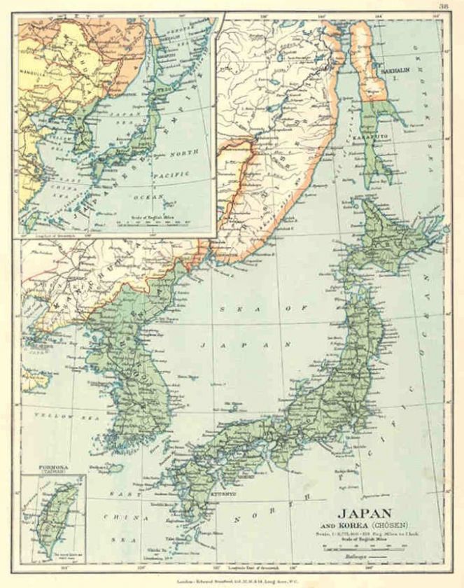 JAPAN + COREA Old vintage map. Edward STANFORD. Circa 1920. (Formosa 