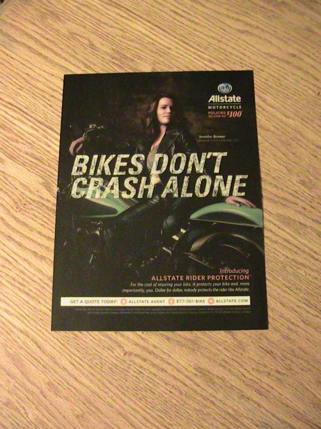 ALLSTATE INSURANCE ADVERTISEMENT JENNIFER BROWER LADY BIKER AD 