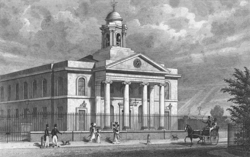 Caption below picture St. Mary Le Bone Chapel, St. Johns Wood Road 