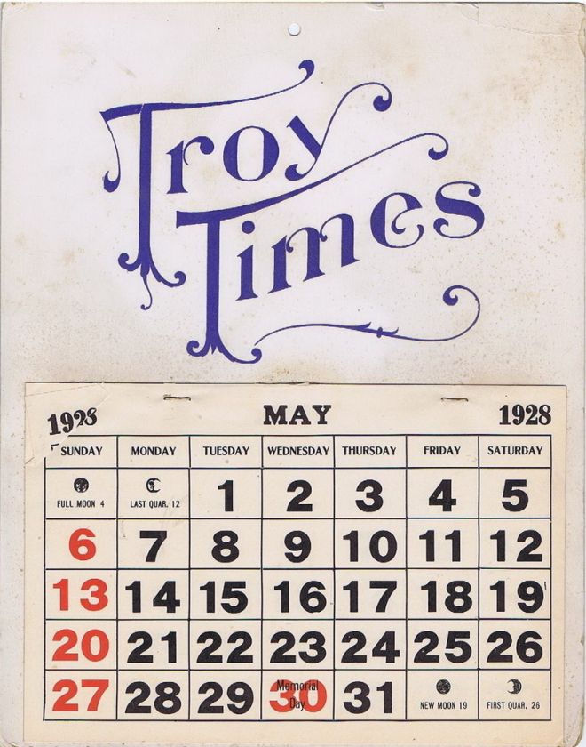 Antique 1928 Troy, NY Times Calendar  