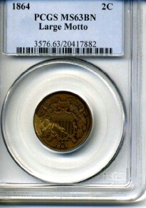 Two Cents 1864,Large Motto.GradeMS 63 BN.CertifiedPCGS.