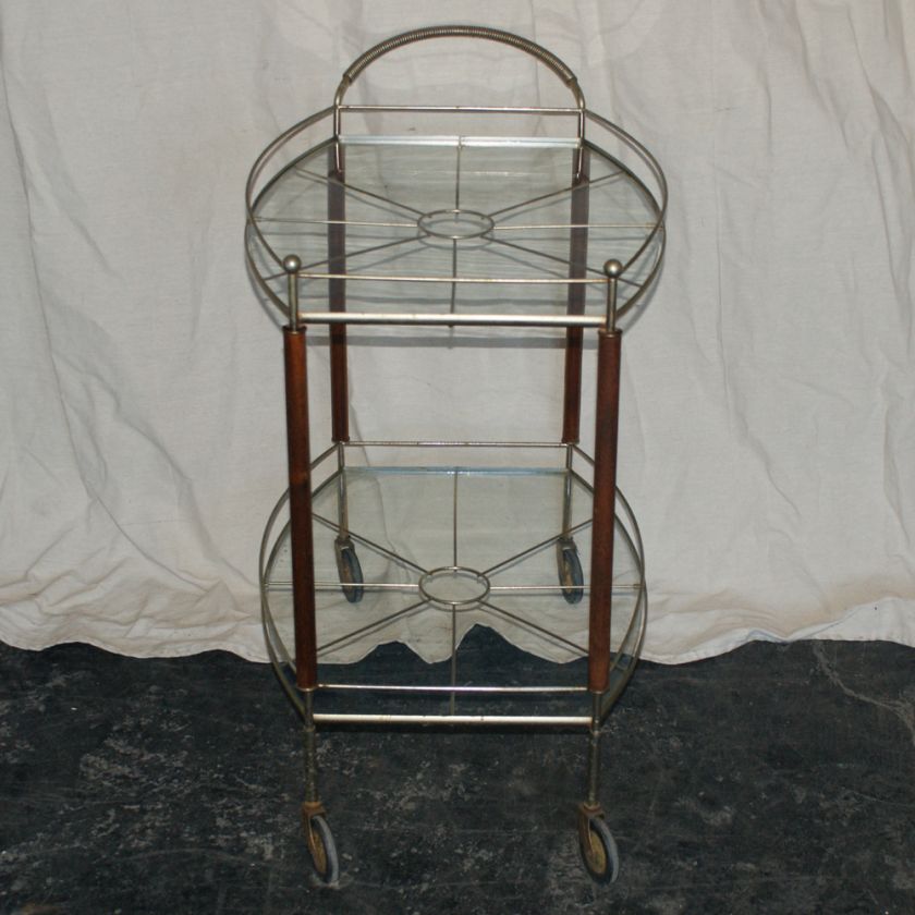 Vintage Two Tier Serving Table Tea Cart Glass Brass  