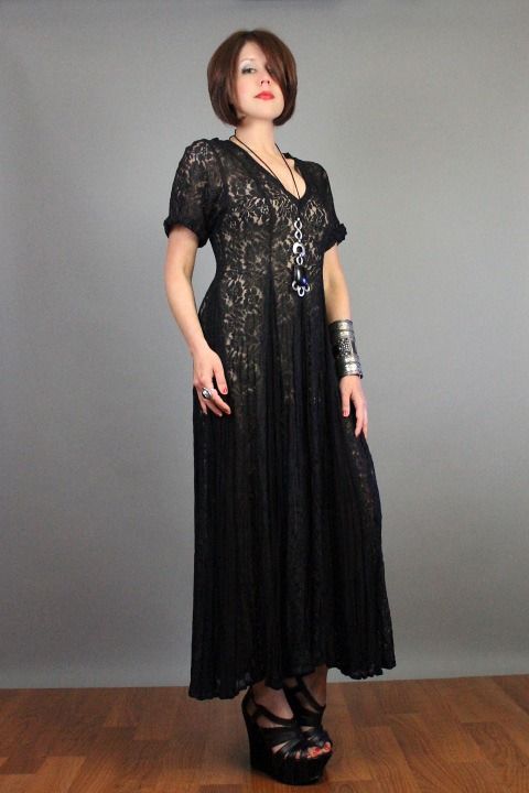 vtg 80s SHEER Floral LACE Crinkle ASYMMETRIC Gypsy Draped Sweep Maxi 