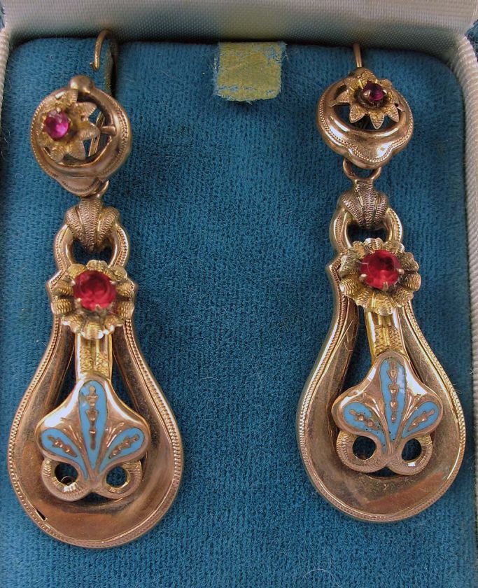 Large Victorian Day / Night Earrings Rubies Enamel 14K  