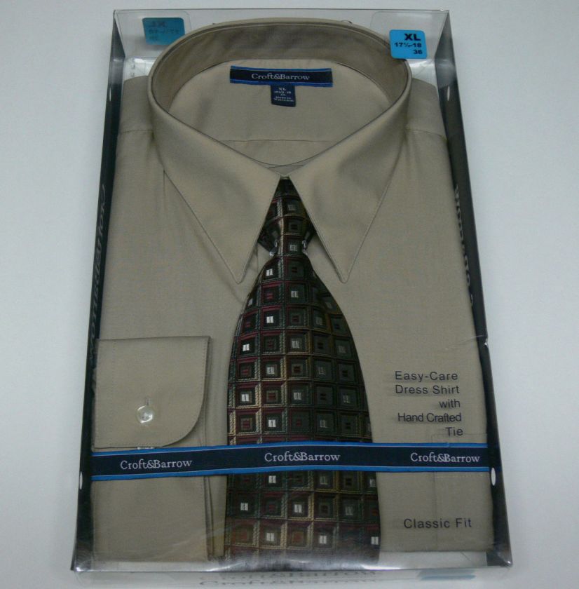New Croft & Barrow Mens Beige Dress Shirt Hand Crafted Tie Gift Box 