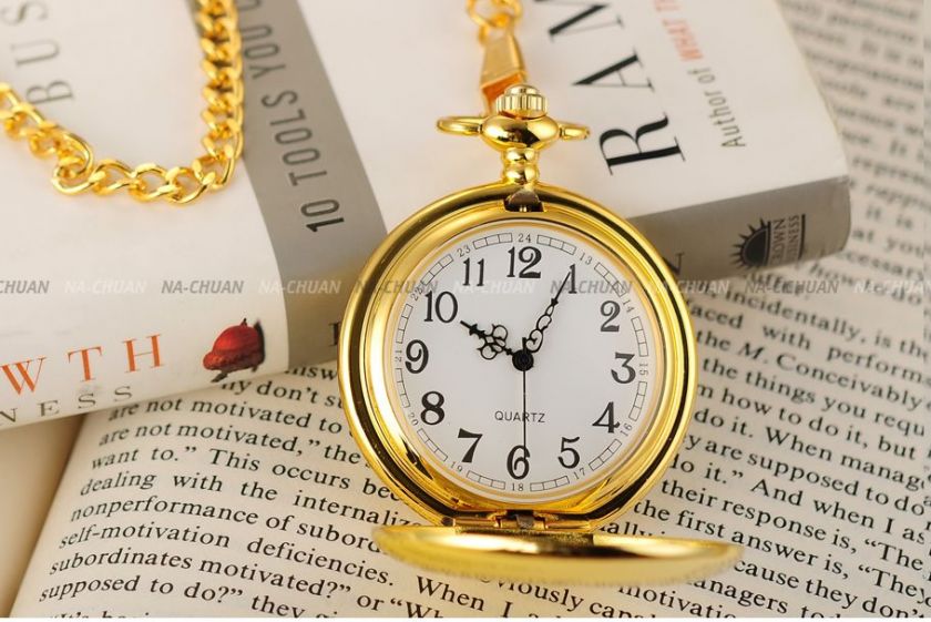 Classical Plain Elegant Polished Mens Pocket Quartz Watch With Chain 