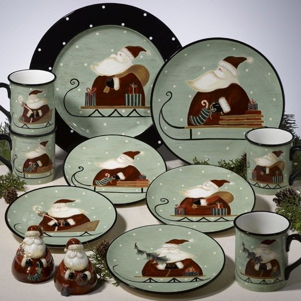 Certified Becca Barton SLEDDING SANTA 16 pc DINNERWARE  