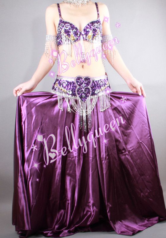 Belly Dance Costume 3Pics Bra&Belt Skirt Purple #C817  