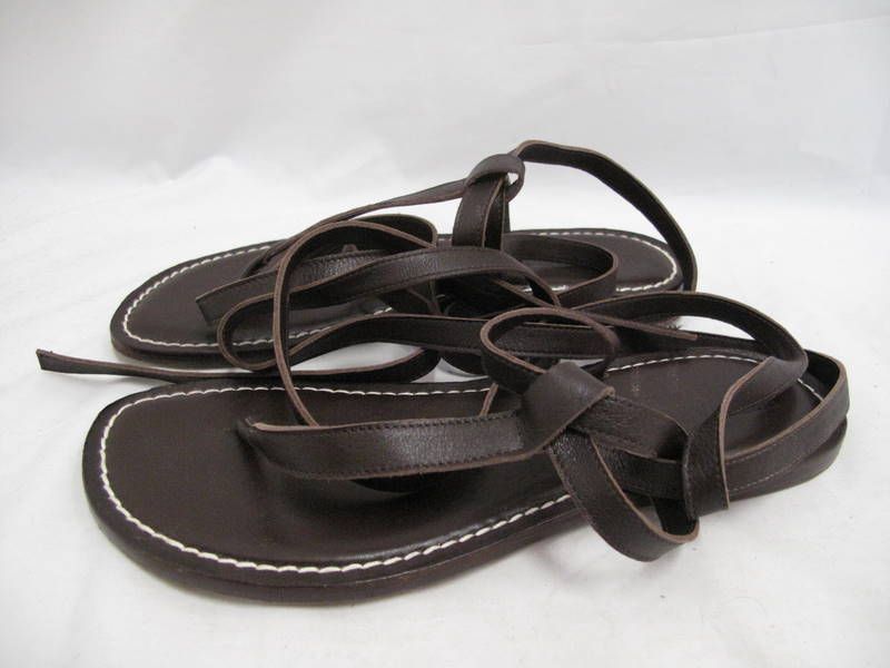 Vintage Couture Bernardo Brown Leather Thong Ankle Wrap Sandals 8 B 