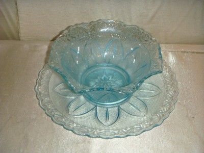 Blue Etched Glass Scalloped Bowl W/ Matching Plate Tray  