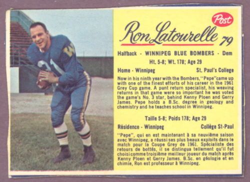 1963 POST CFL 79 RON LATOURELLE WINNIPEG BLUE BOMBERS  