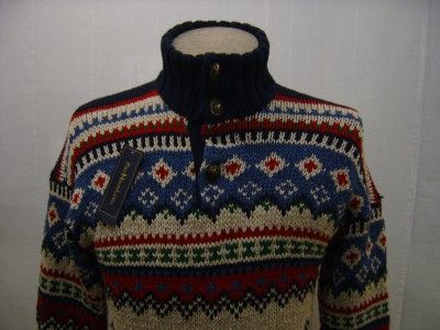   Lauren M Button Mockneck Sweater Wool Silk Linen FairIsle Nordic Mens