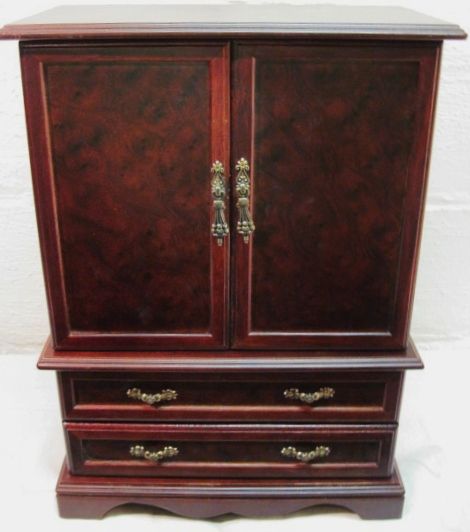 JEWELRY ARMOIRE CABINET~CHERRY WOOD CHEST~DOORS~DRAWERS~VANITY MIRROR 