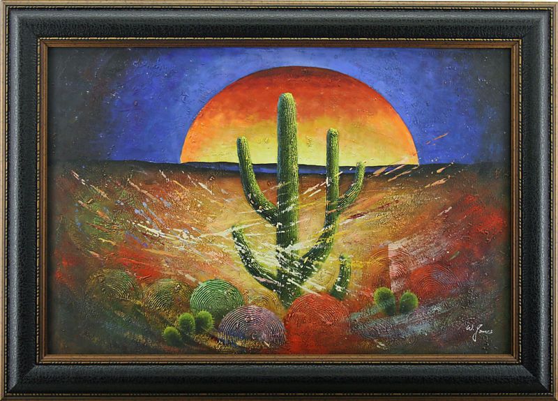 Sun Cactus Sunset Desert Landscape FRAMED OIL PAINTING  