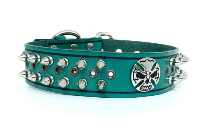 Wide Designer Green/Black Genuine Leather Spiked Skull Dog Collar 