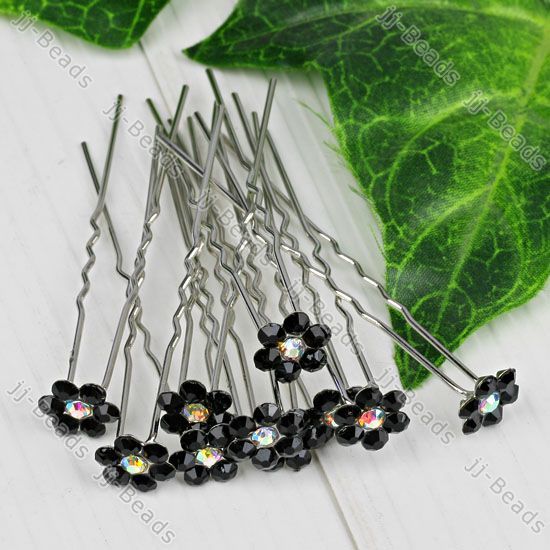 Black Sakura Rhinestone Crystal Surround Hair Pin 10pcs  