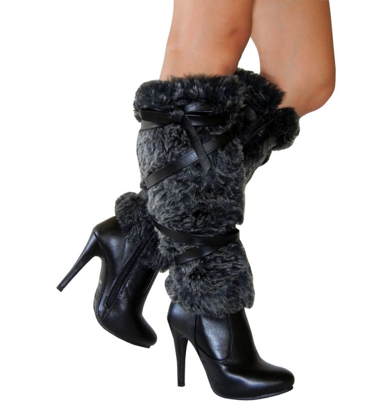 Trendy City Look Faux Fur Double Wrapped Straps Knee High Heel Boots 