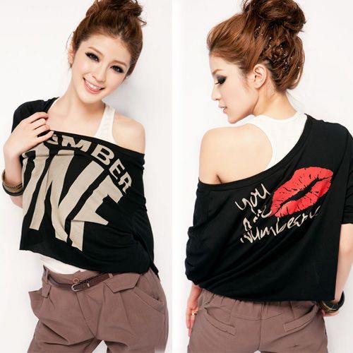 Womens Kiss Lip Prints Letters Short Sleeve Loose Tops T shirt Casual 