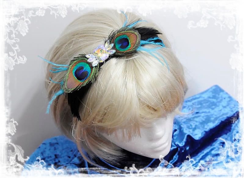 PEACOCK COQUE FEATHERS HEADBAND BLACK RHINESTONES  