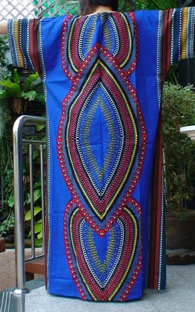 Traditional Dashiki Caftan Dress Cotton Free Size Blue  