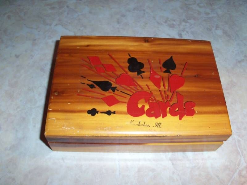 VINTAGE CEDAR BOX CARD DECK BOX SOUVENIR KANKAKEE, IL  