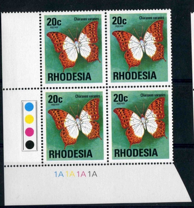 RHODESIA, 1974, 20c, PLATE 1A MNH BLK 4, BUTTERFLY  