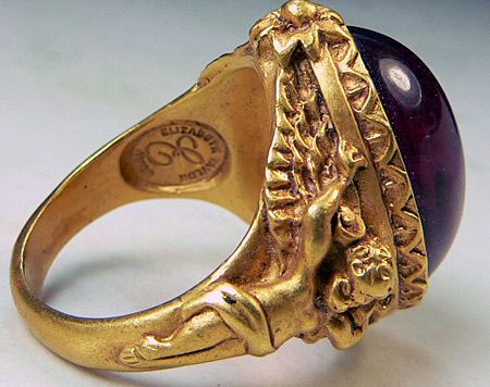 Vintage ELIZABETH TAYLOR Cherub Ring, Gilded Gold Tone, Simulated Ruby 