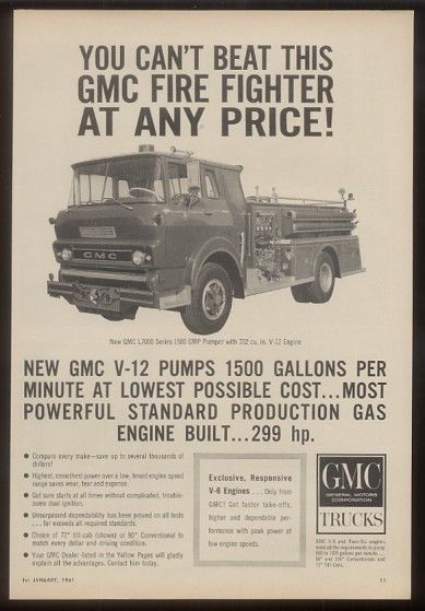 1961 GMC L7000 fire engine V 12 truck photo print ad  